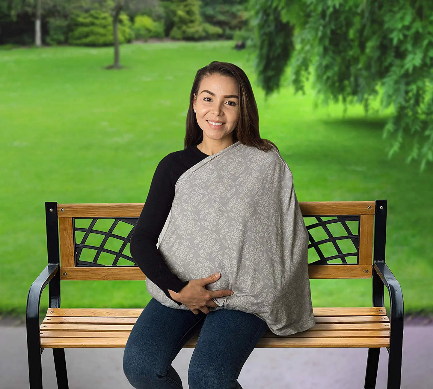 Little Me 4-in-1 Nursing Cover Infinity Scarf Car Seat Cover Cart Cover Multipurpose Shawl and Stroller Canopy for Moms and Babies Damask Gray
