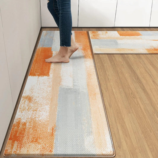 Arttown Orange Beige Vintage Anti-Fatigue Kitchen Rug Set of 2 Orange Grey Abstract Cushioned Kitchen Floor MatStanding Mat Waterproof Non-Slip Kitchen Mat PVC Ergonomic Comfort Foam Rug