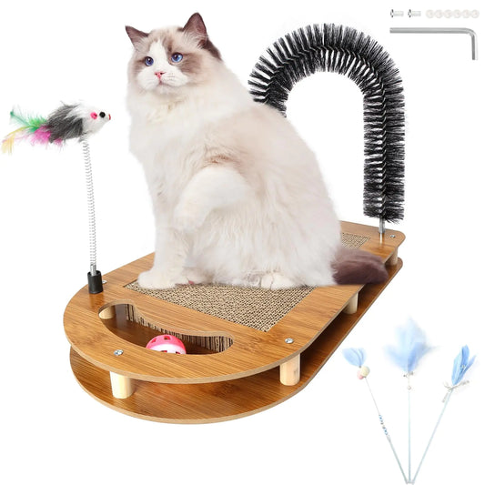 Cat Scratching Board 5-in-1 Cat Self Groomer Brushes Cardboard Cat Scratcher Cat Scratch Pad for Indoor Cats Kitten Face Head Hair Grooming Brush Cat Arch Massager Rubbing Post & Ball Mouse Toy